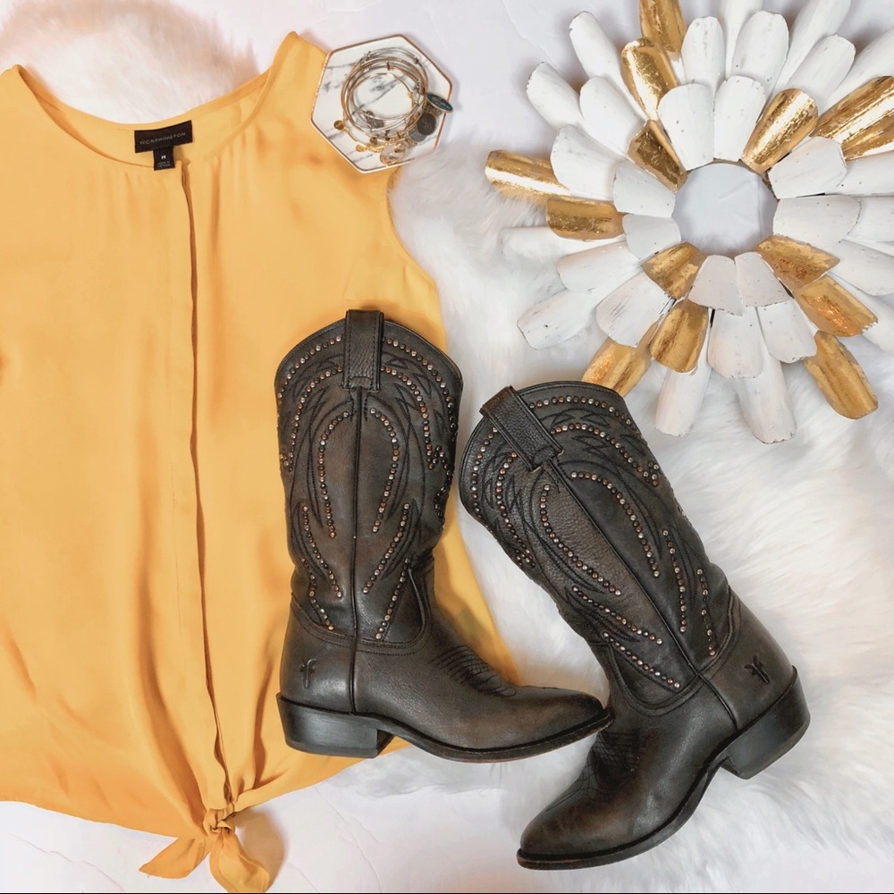 Frye Gray Leather Distressed Studded Cowboy Boots